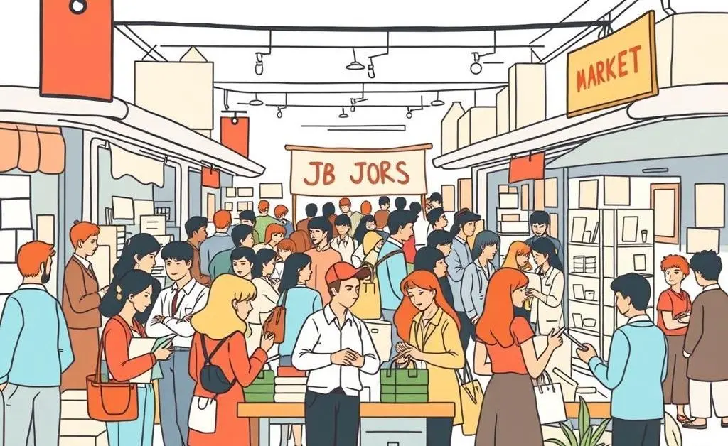 Illustration of a dynamic job market scene with diverse occupations