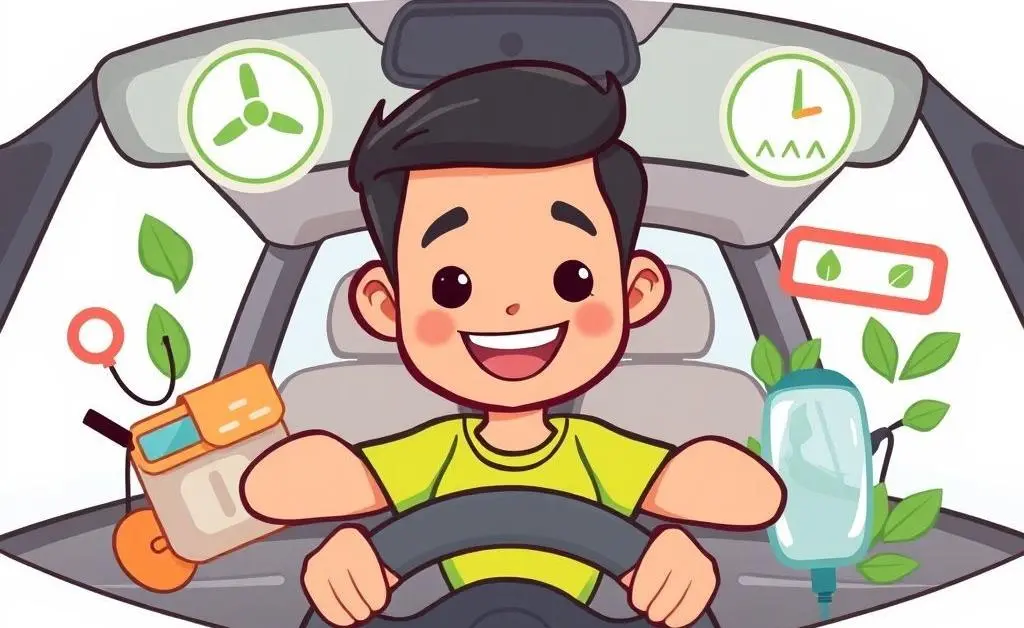 Person surrounded by eco-friendly car features