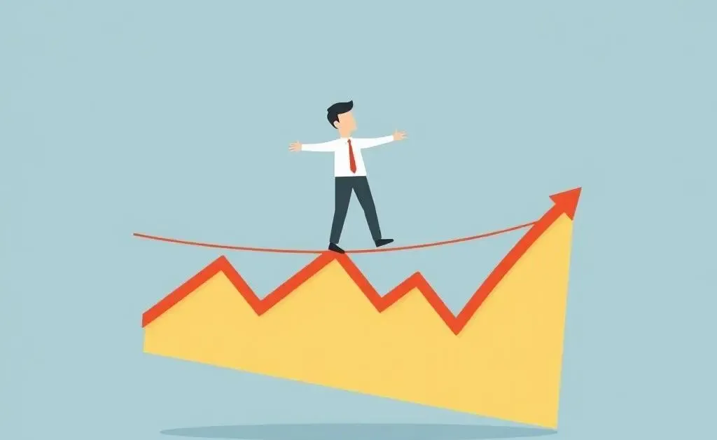 A person balancing on a tightrope over an economic graph