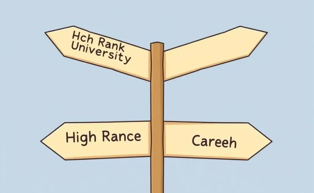 A crossroads depicting a choice between high rank universities and finance career path