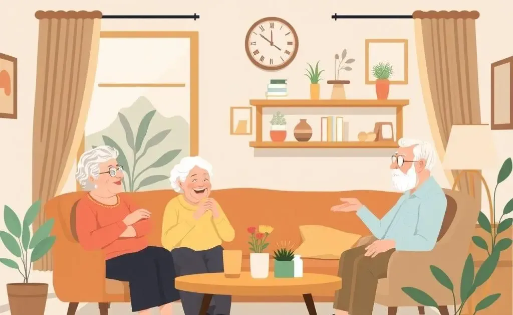A warm communal living space with elderly individuals interacting