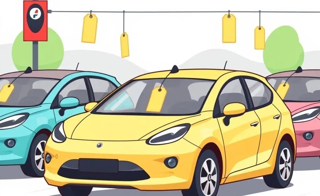 A cartoon-style illustration of electric cars in a car lot with plummeting price tags.