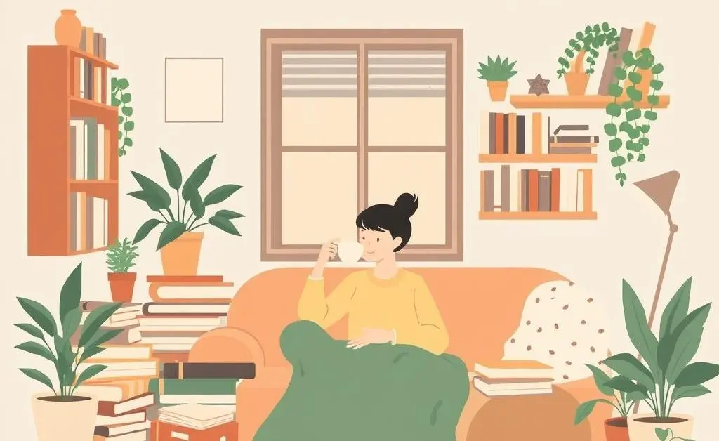 A cozy room with a person enjoying tea in a gently messy environment