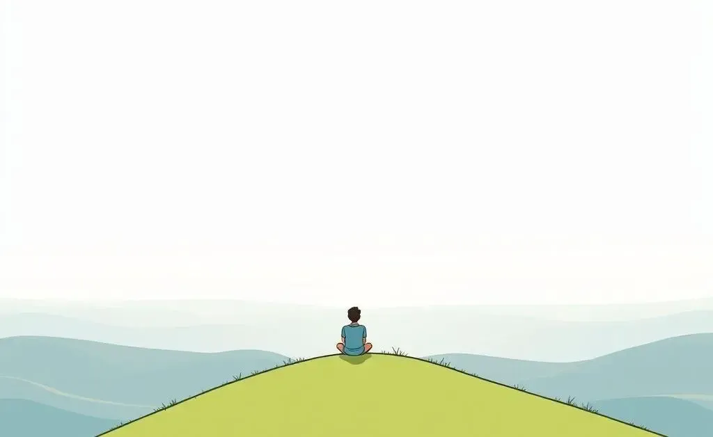A person sitting peacefully on a hill overlooking a calm landscape