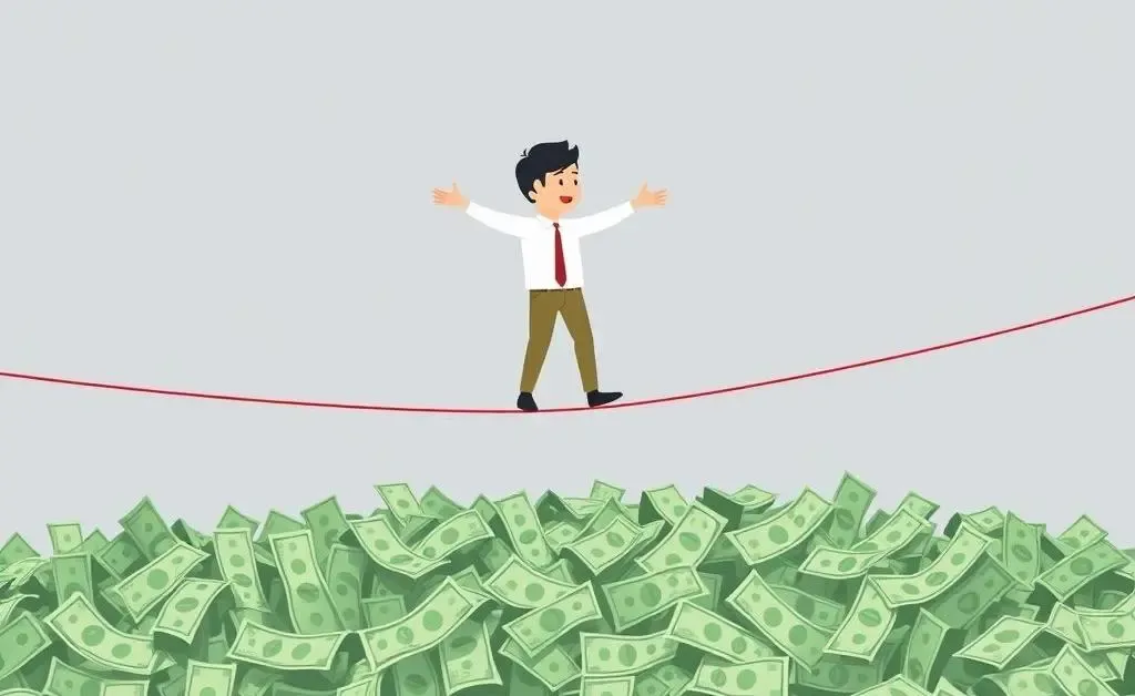 Cartoon person balancing emotions and finance on a tightrope