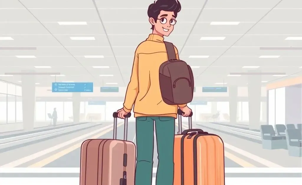 Illustration of a person at an airport ready to move back home with mixed emotions.