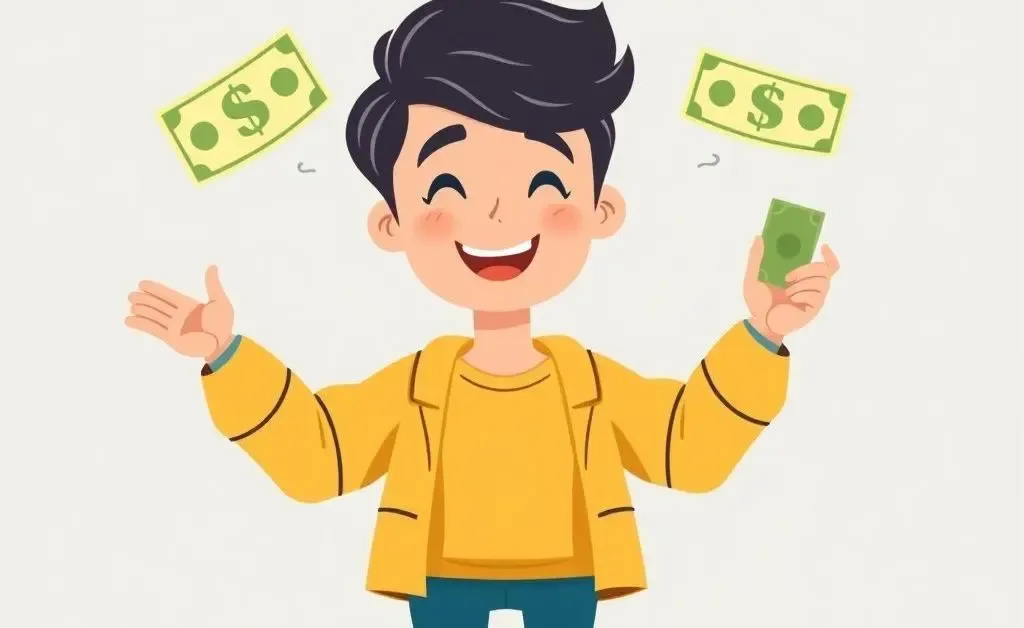 A cartoon-style person confidently managing their finances with charts and coins around them