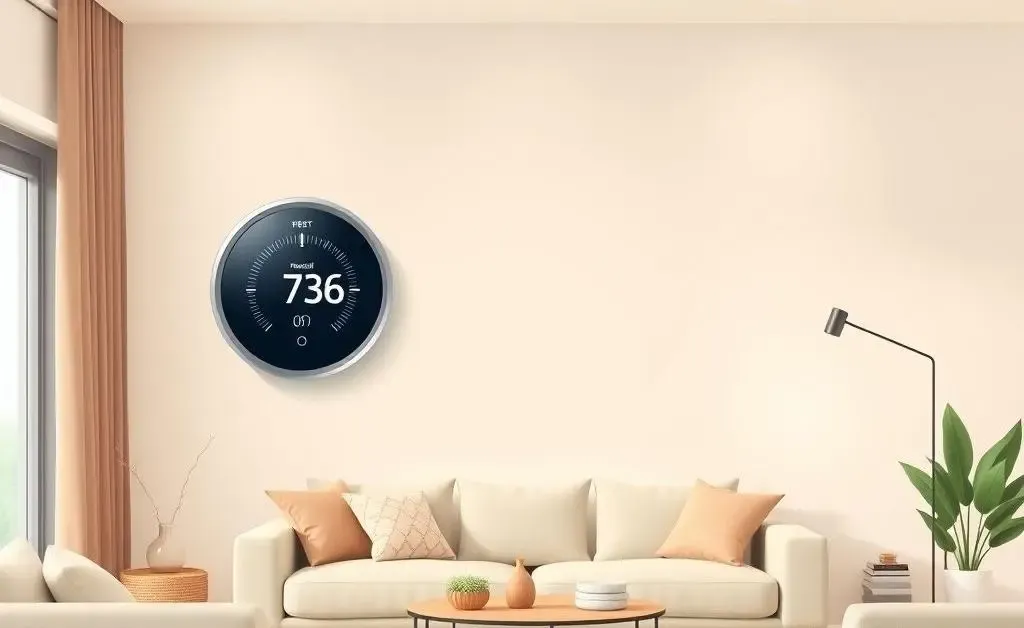 Smart thermostat in a cozy living room setting.