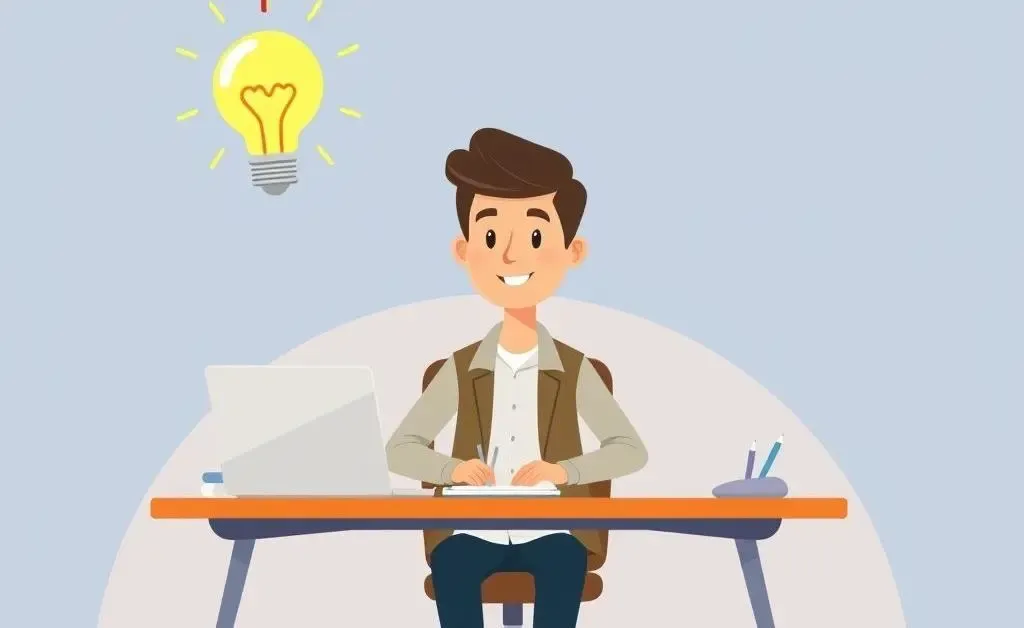 Young entrepreneur at a desk with a lightbulb symbolizing an idea