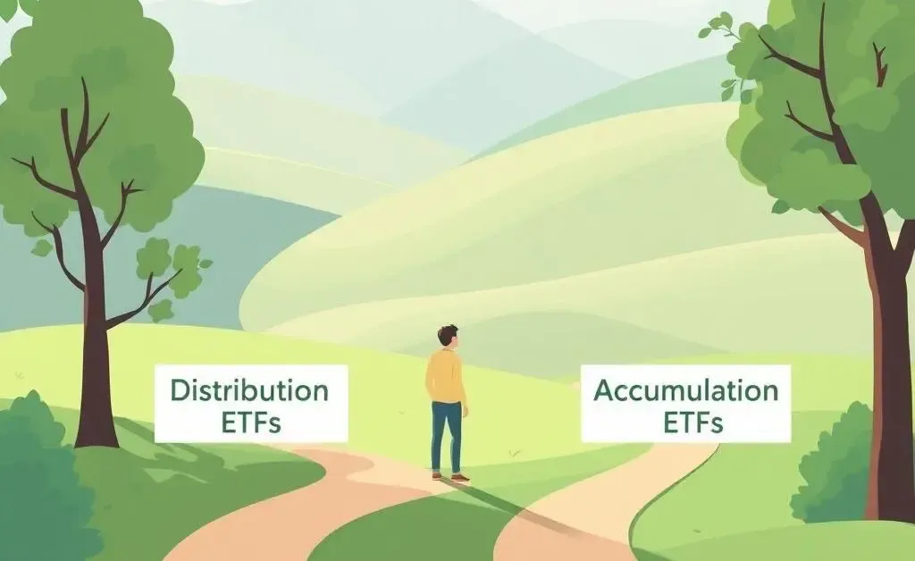 Illustration of two paths labeled 'Distribution ETFs' and 'Accumulation ETFs'