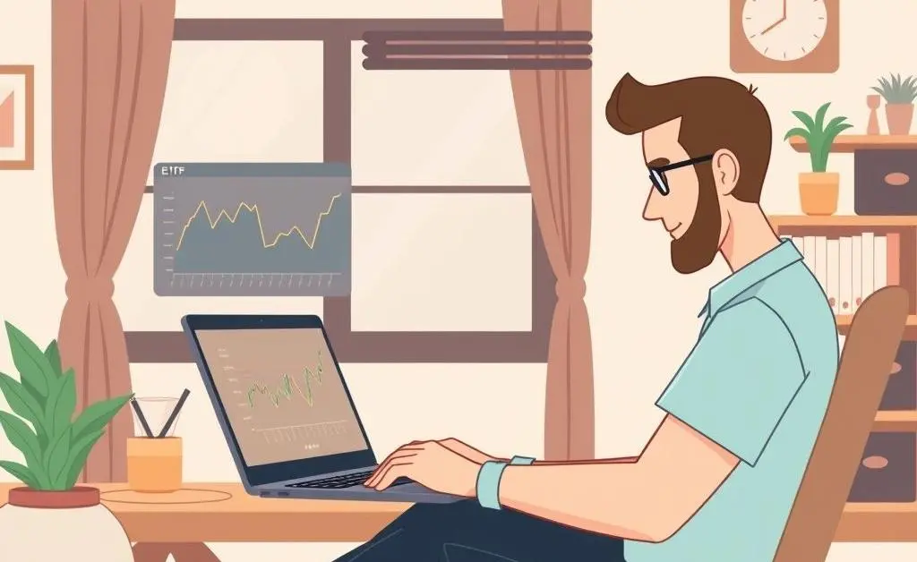 Person studying ETF graphs on a laptop in a home office