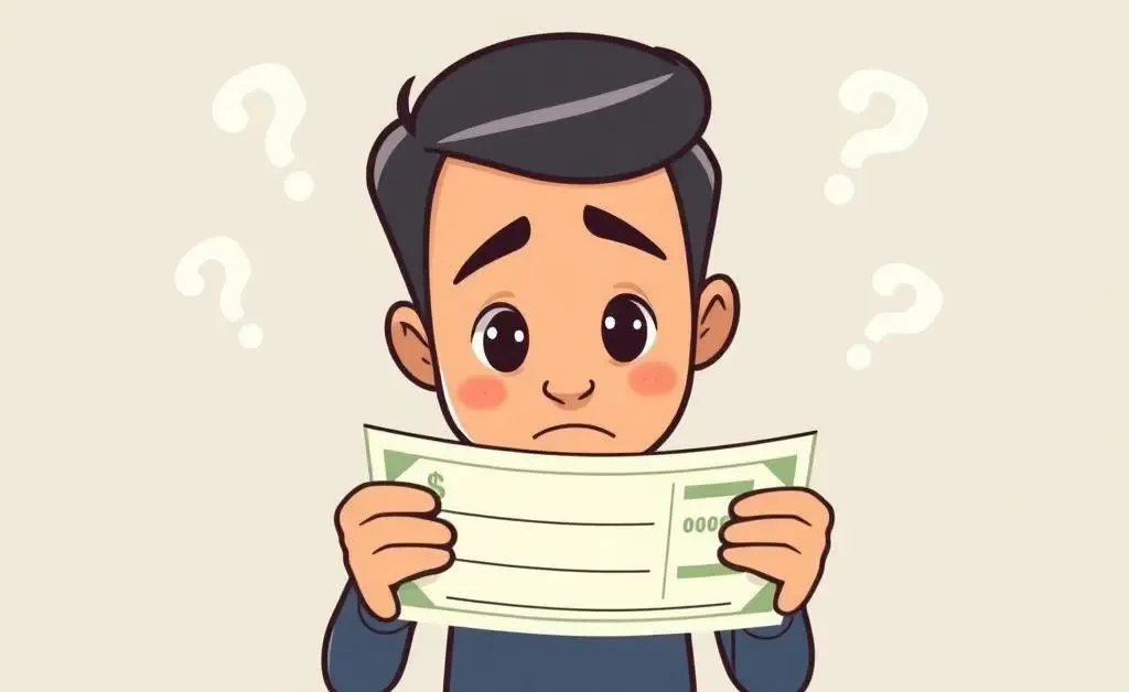 A cartoon character looking perplexed at their paycheck, showing curiosity about compensation fairness