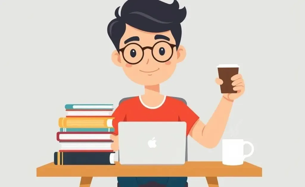 A person sitting at a desk, confidently studying with a stack of books and a cup of coffee