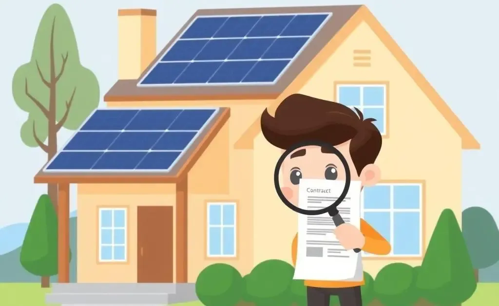 A person examining a solar panel contract with a house in the background.