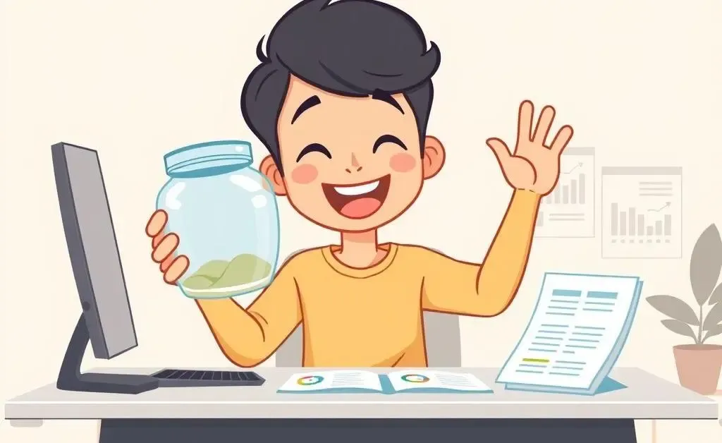 A person joyfully saving money at a desk full of planning sheets