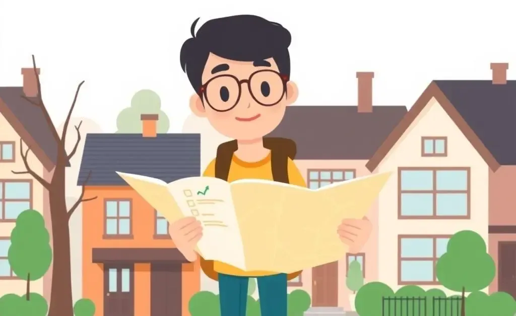 Person walking with a map and checklist through a neighborhood
