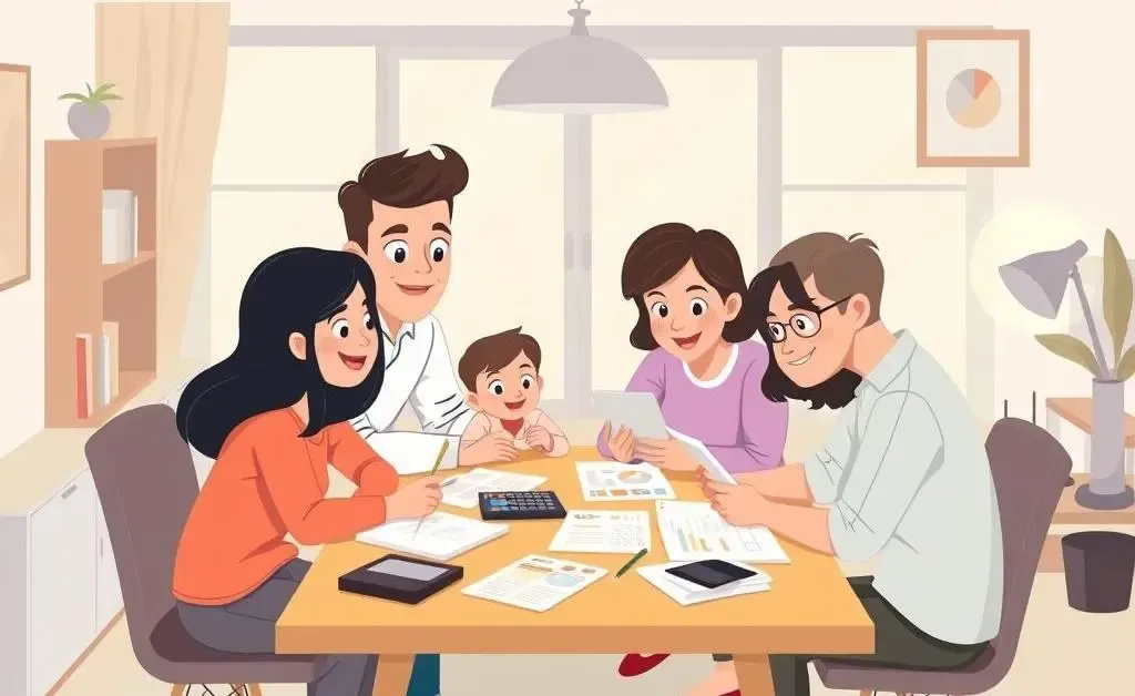 A family sitting at a table planning their budget with a calculator and papers