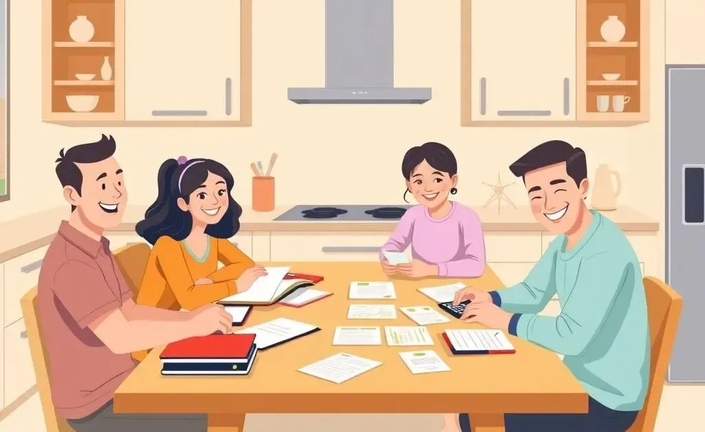 Family budgeting at a kitchen table with papers and a calculator