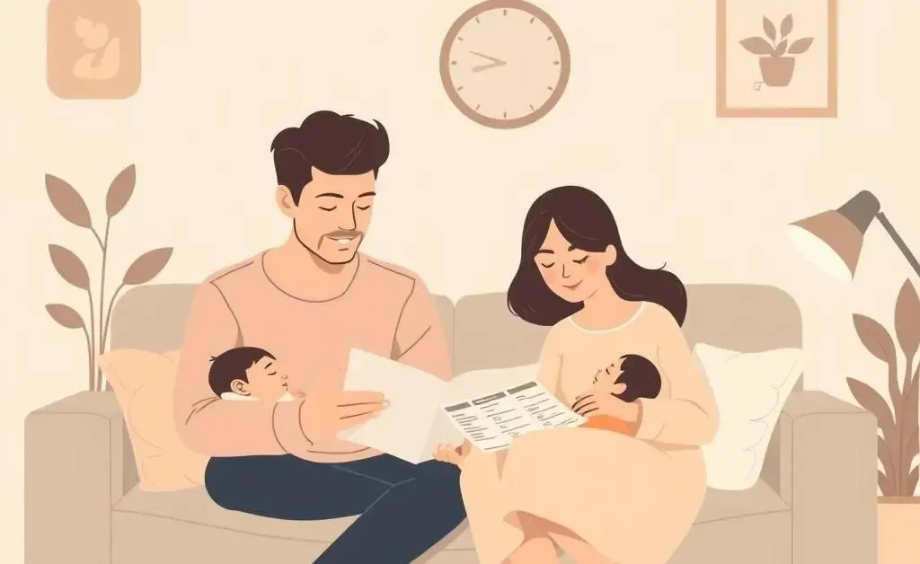 Young couple budgeting with a sleeping newborn by their side