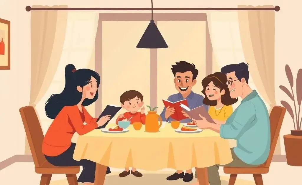 A family sharing stories at a dinner table