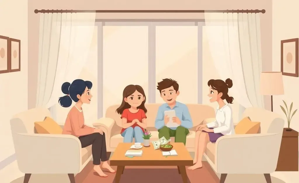 A family discussing financial plans in a cozy living room.