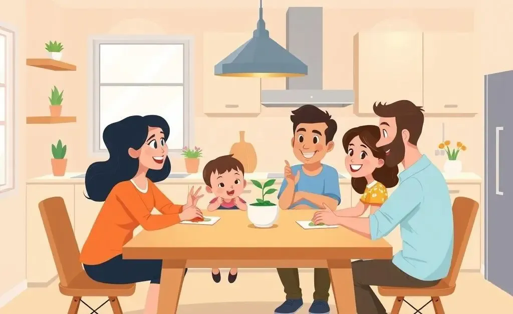 A family discussing car insurance around a kitchen table