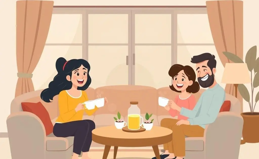 A family discussing gifting money in a cozy living room setting.