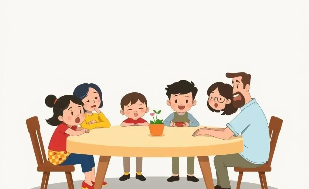 Family sitting around a table, discussing and planning together