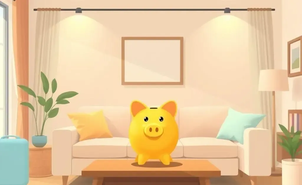 A cozy family home setup with a piggy bank on a table.