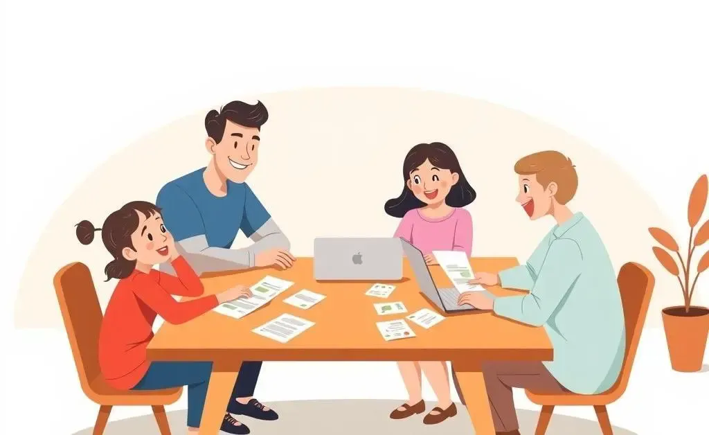 Family engaged in a financial discussion at a table