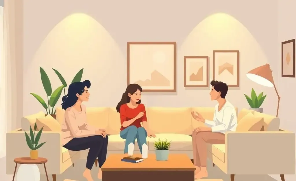 Family having a financial discussion in a cozy living room