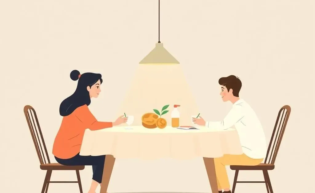 Family gathered around a table discussing finances in a serene setting