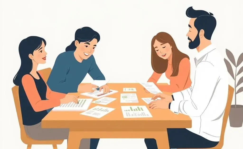 Family with financial documents discussing plans
