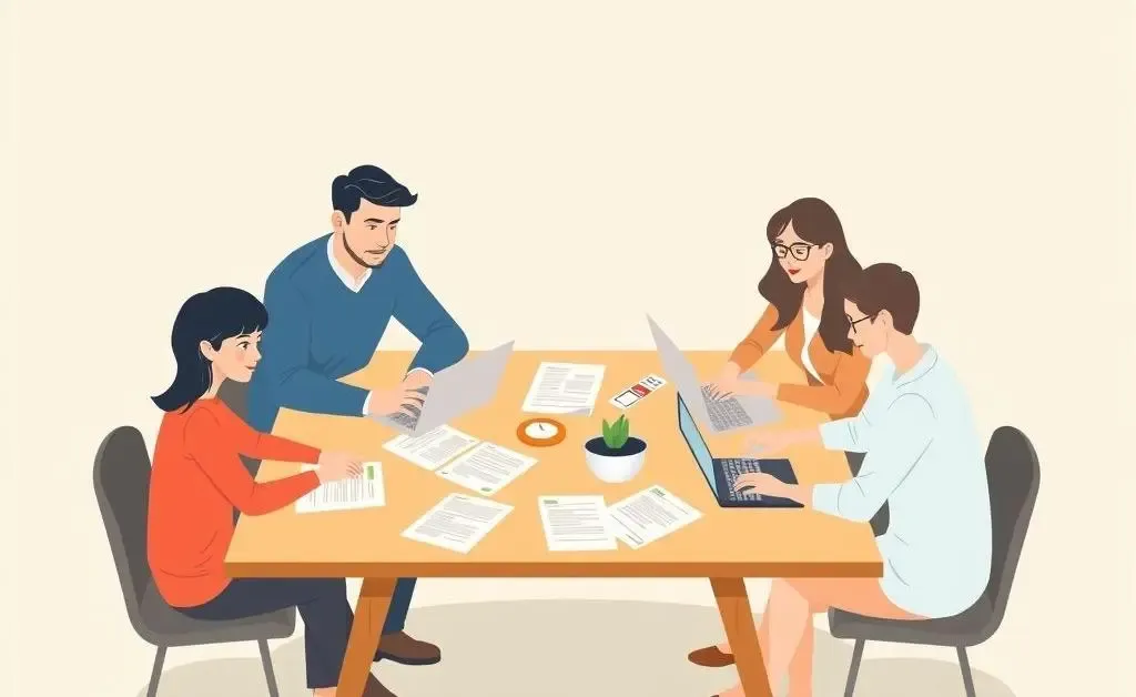 A family sitting around a table engaging in financial planning.
