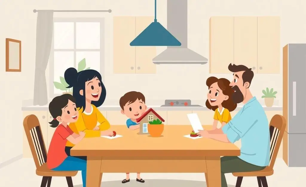 A cartoon family at a kitchen table discussing home insurance.