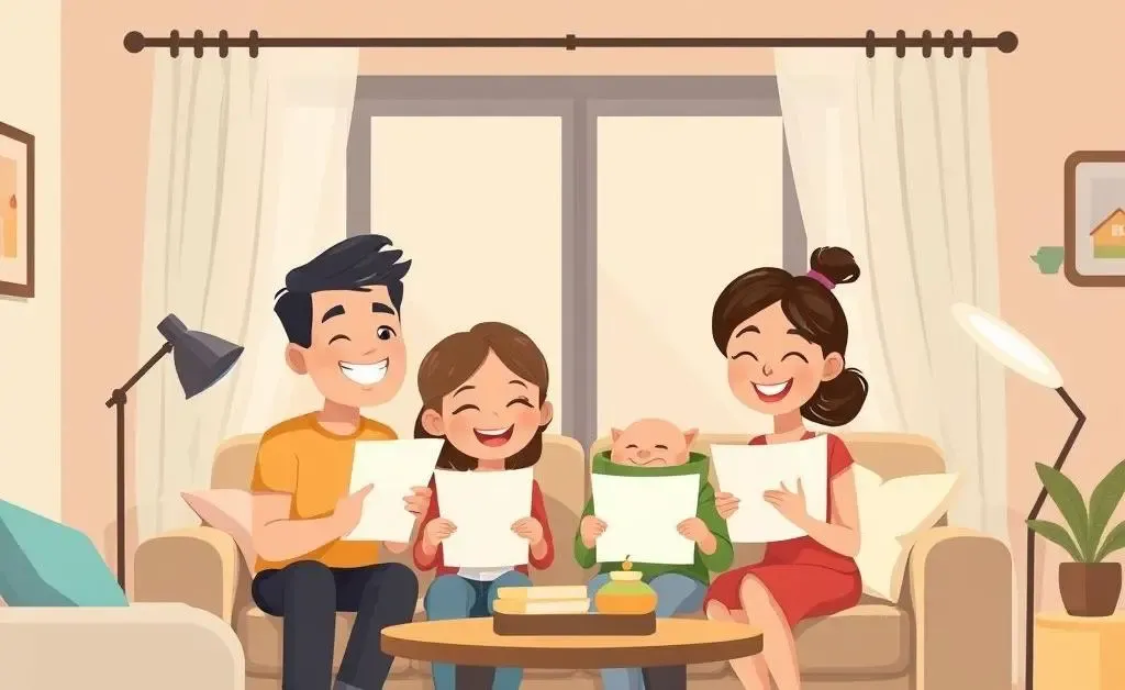 A family happily holding mortgage documents in their newly purchased home.