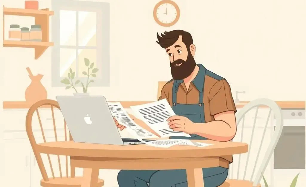 Farmer contemplating loan options at a table