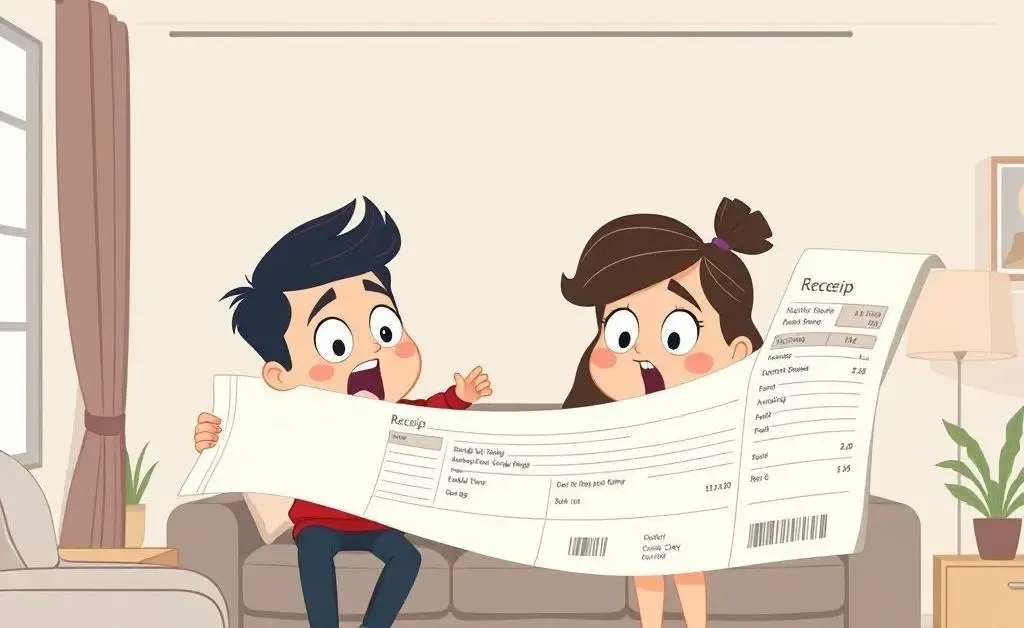 A young couple humorously reacting to an endless shopping receipt