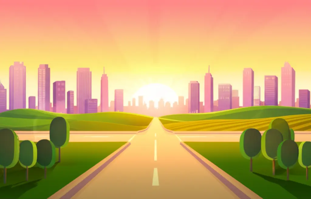 A cartoon crossroads representing a career decision between city life and simplicity