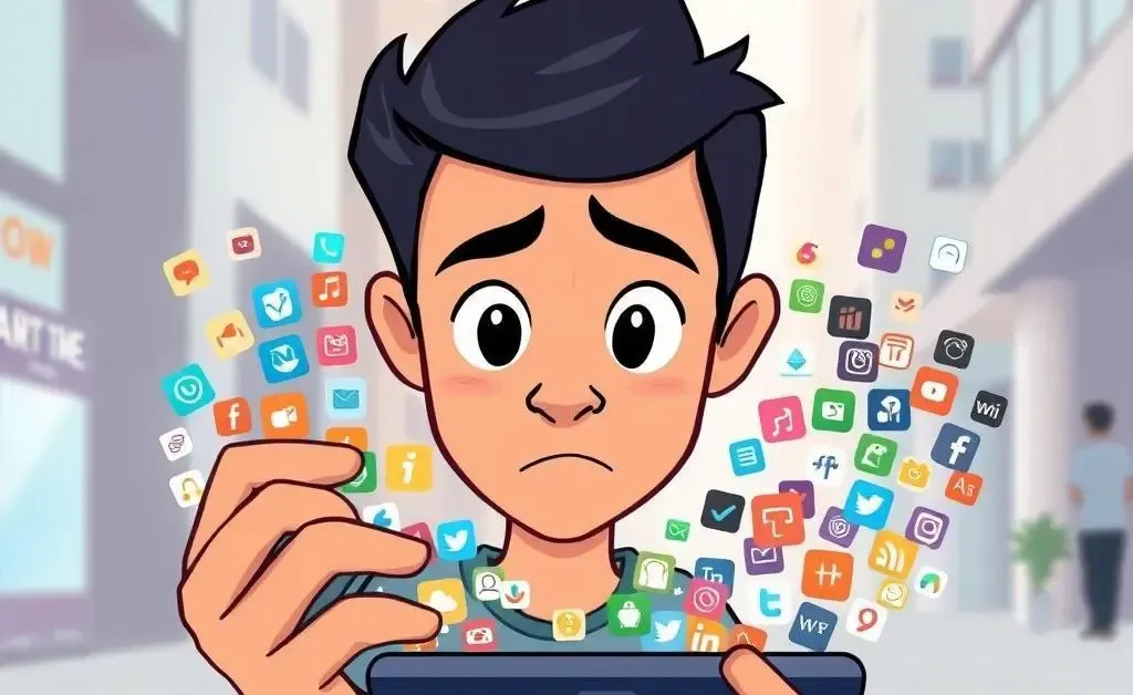 Cartoon of a person looking at a smartphone with app icons
