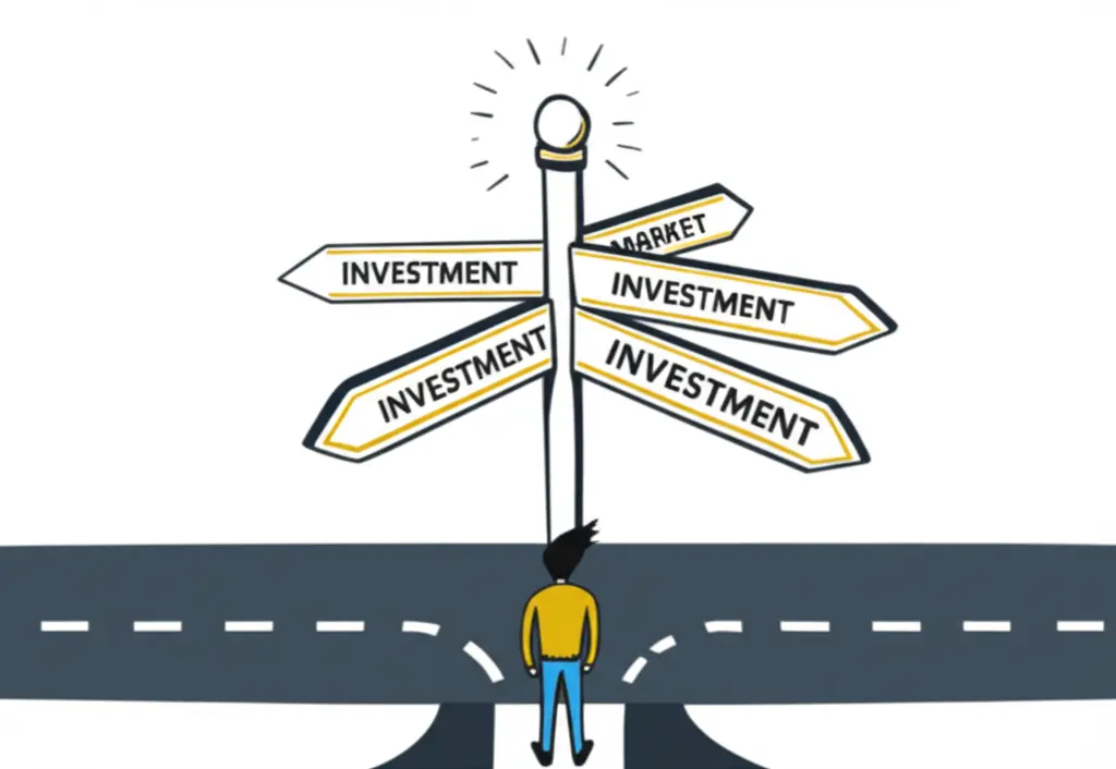 A person at crossroads with investment options road signs