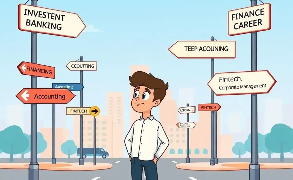 Person at crossroads with finance career path signs