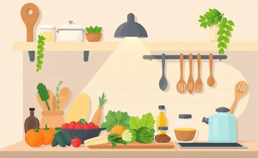 A cartoon-style kitchen with ingredients and utensils