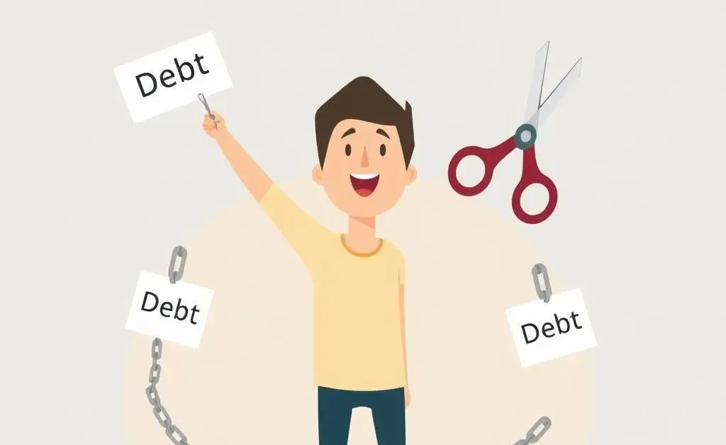 A cartoon representation of a person freeing themselves from debt chains.