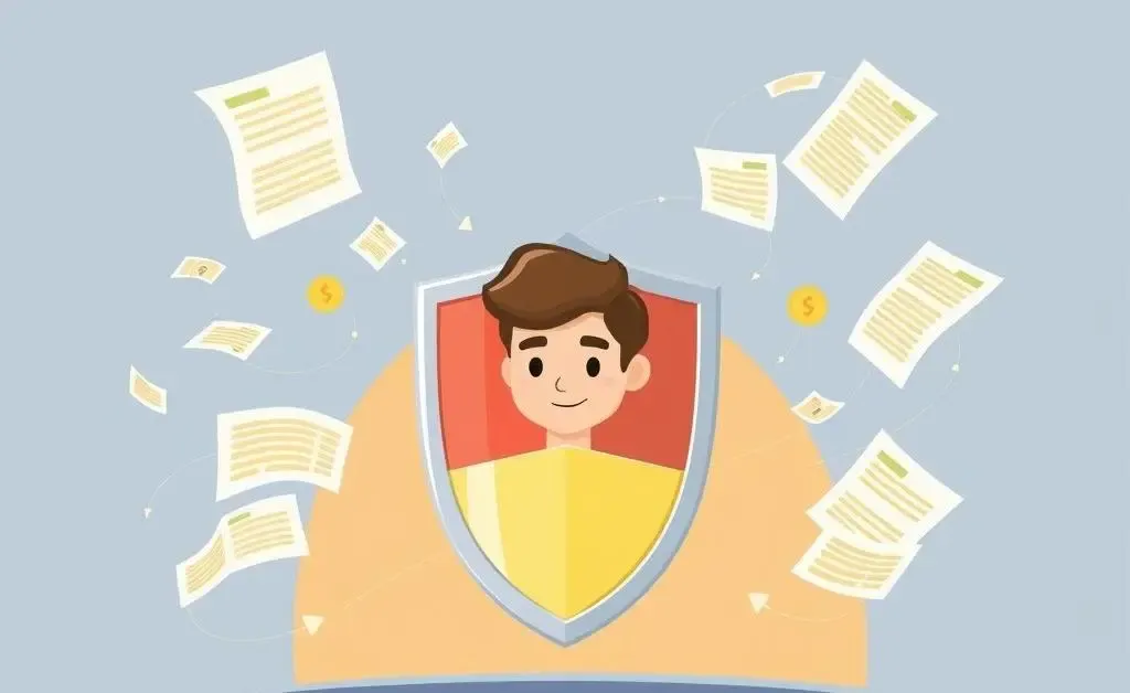 A cartoon-style shield protecting a person from flying credit reports.