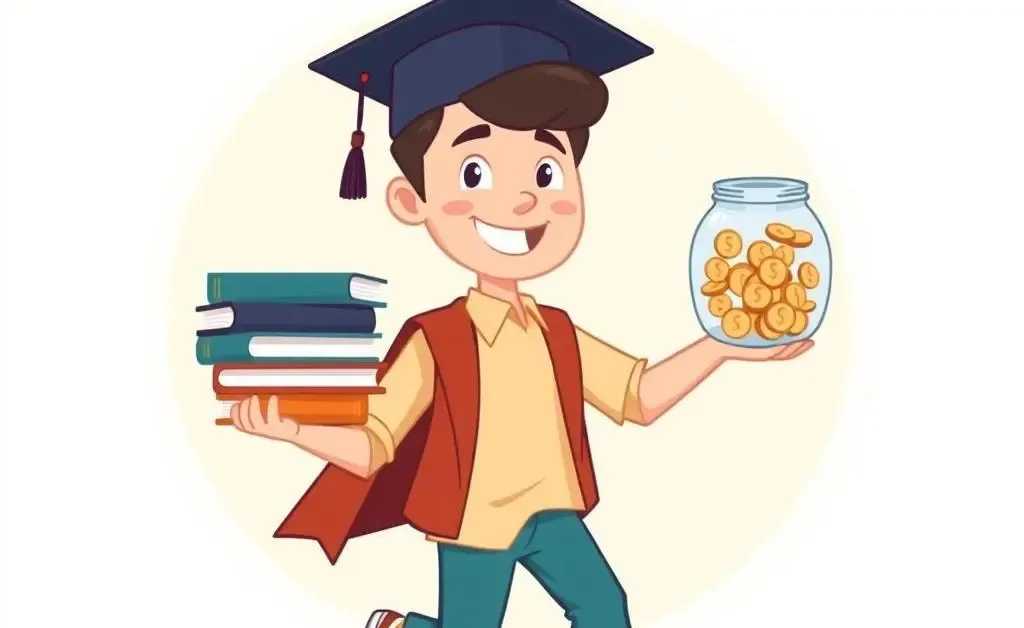A college graduate stepping into reality with books and a savings jar