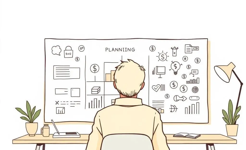 Person looking at a financial planning board full of money-related icons