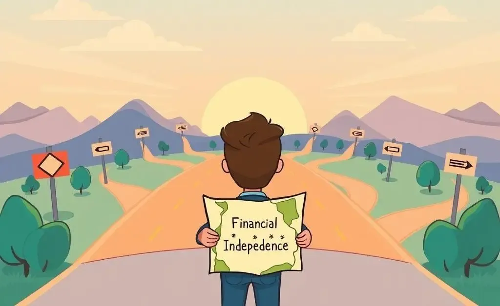 Person at crossroads choosing paths to financial independence