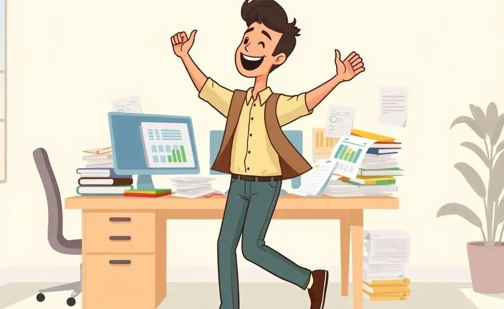 Person walking away from budgeting spreadsheets with a smile