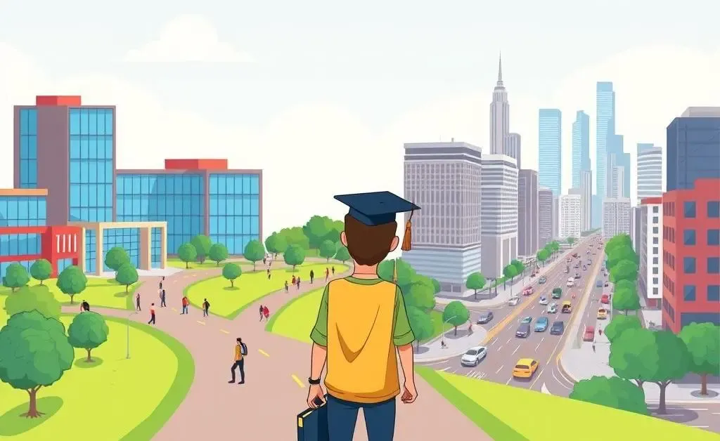 College graduate at a crossroads between campus and city